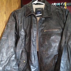 Gap Mens Brown Leather Bomber Jacket/Coat Size Large